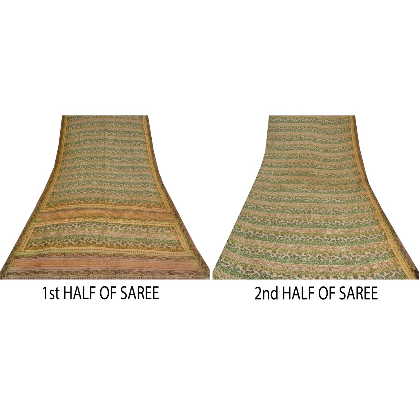 Sanskriti Vintage Sarees Green Pure Crepe Silk Printed Sari 5yd Craft Sustainable Fabric