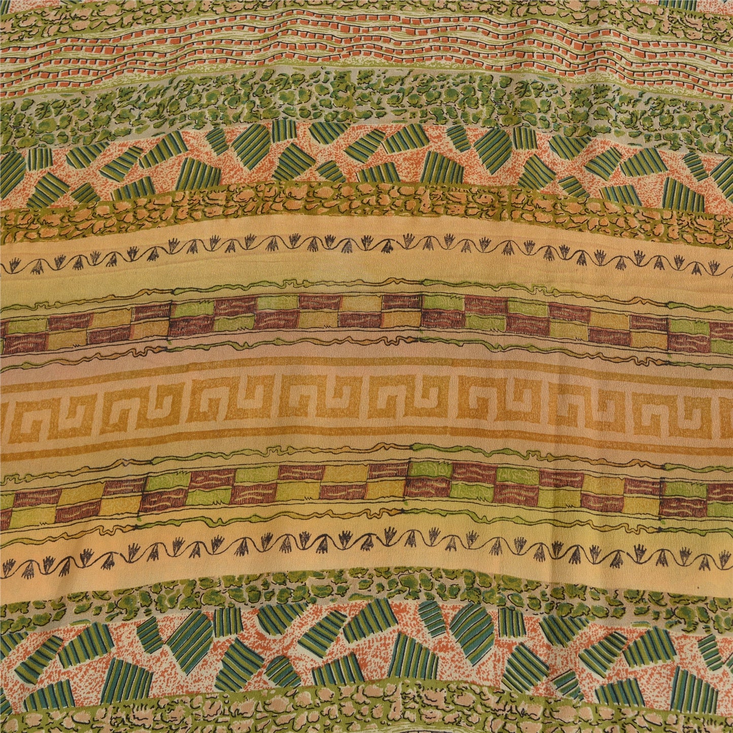 Sanskriti Vintage Sarees Green Pure Crepe Silk Printed Sari 5yd Craft Sustainable Fabric