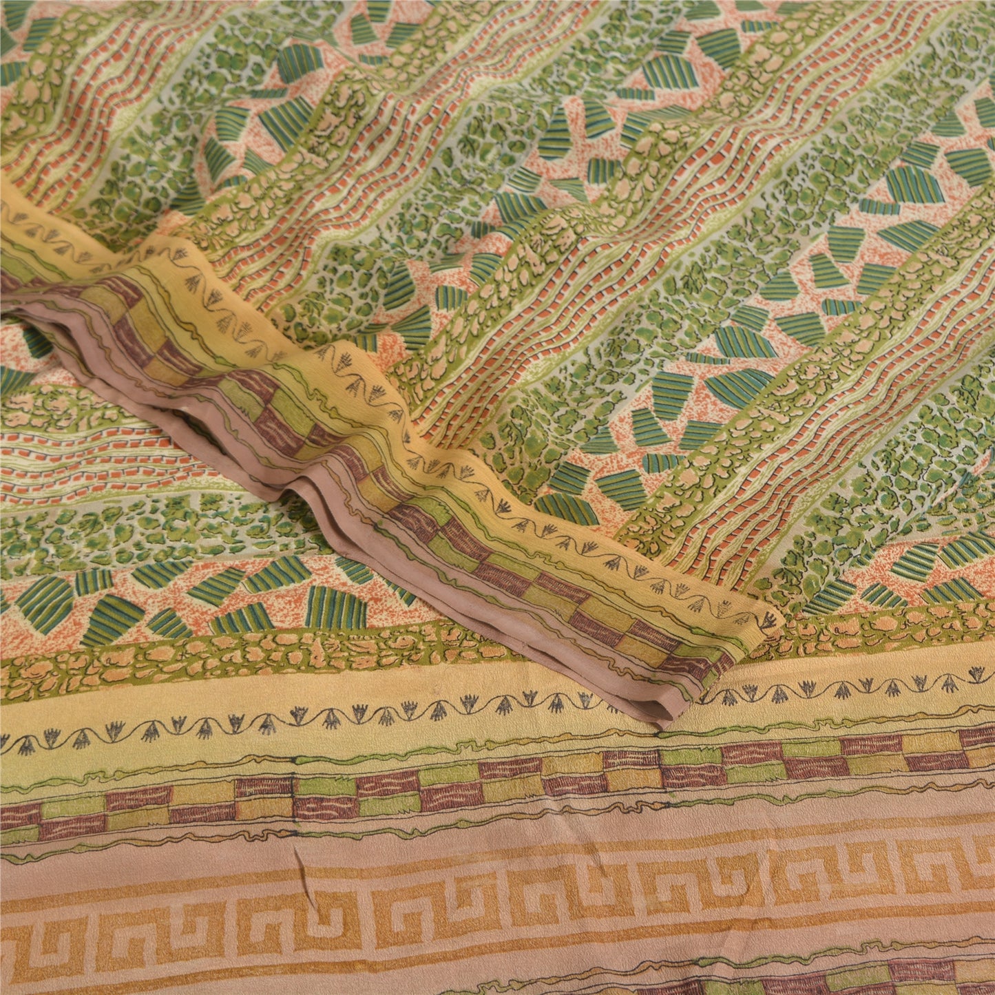 Sanskriti Vintage Sarees Green Pure Crepe Silk Printed Sari 5yd Craft Sustainable Fabric