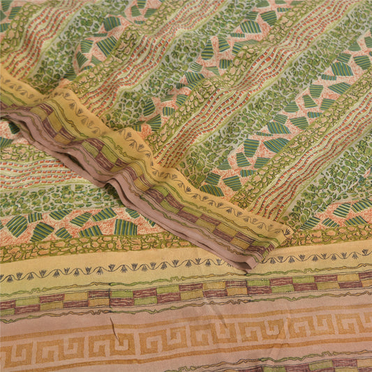 Sanskriti Vintage Sarees Green Pure Crepe Silk Printed Sari 5yd Craft Sustainable Fabric