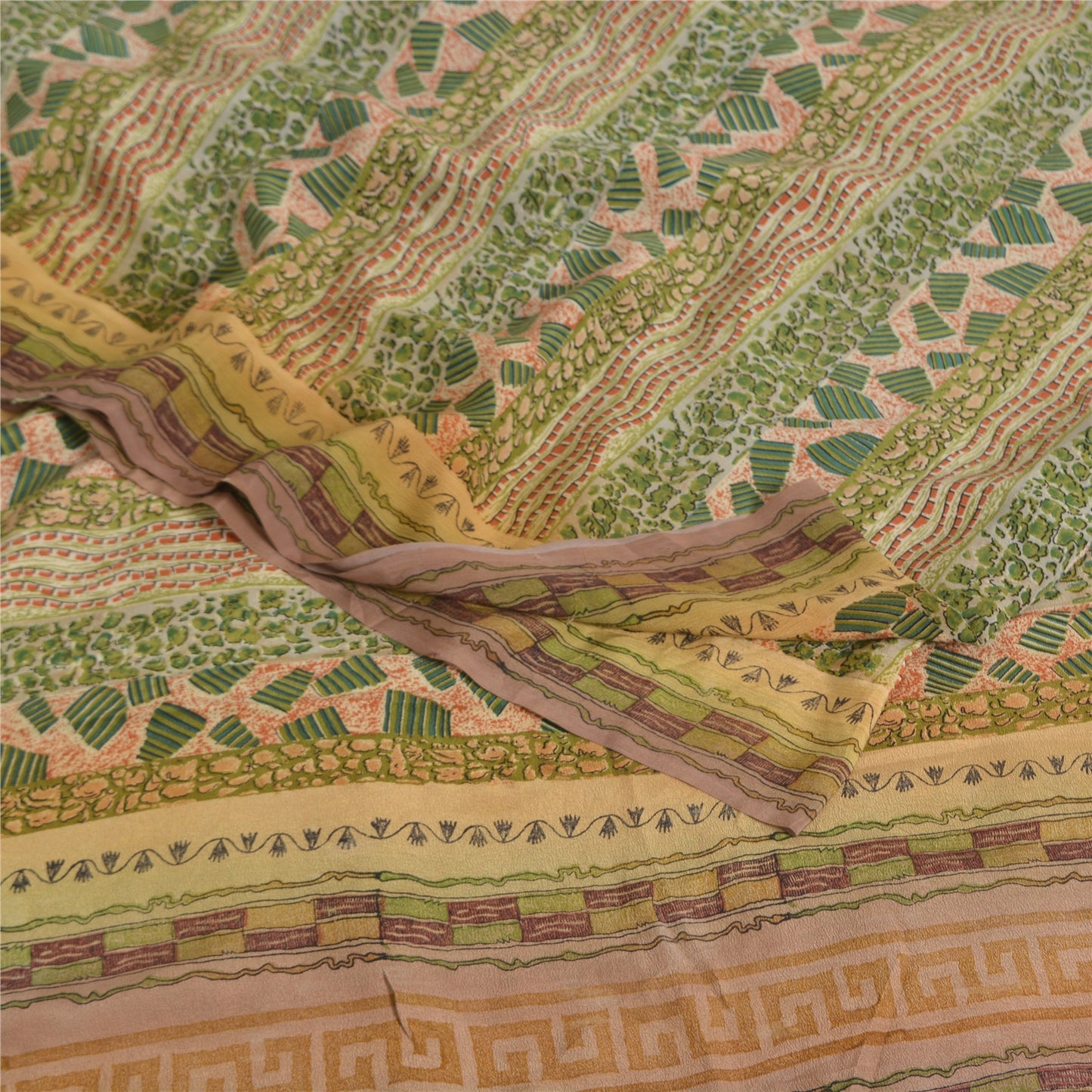 Sanskriti Vintage Sarees Green Pure Crepe Silk Printed Sari 5yd Craft Sustainable Fabric