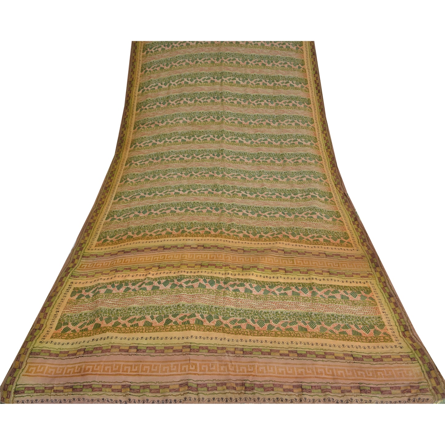 Sanskriti Vintage Sarees Green Pure Crepe Silk Printed Sari 5yd Craft Sustainable Fabric