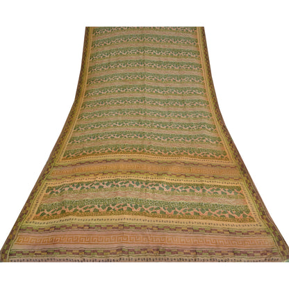 Sanskriti Vintage Sarees Green Pure Crepe Silk Printed Sari 5yd Craft Sustainable Fabric