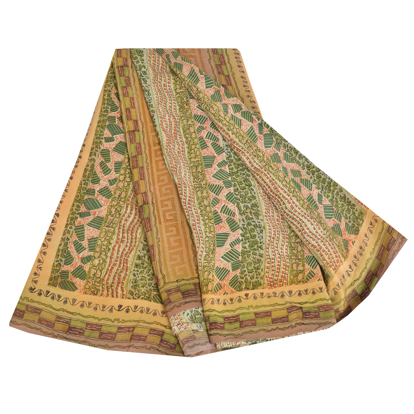 Sanskriti Vintage Sarees Green Pure Crepe Silk Printed Sari 5yd Craft Sustainable Fabric