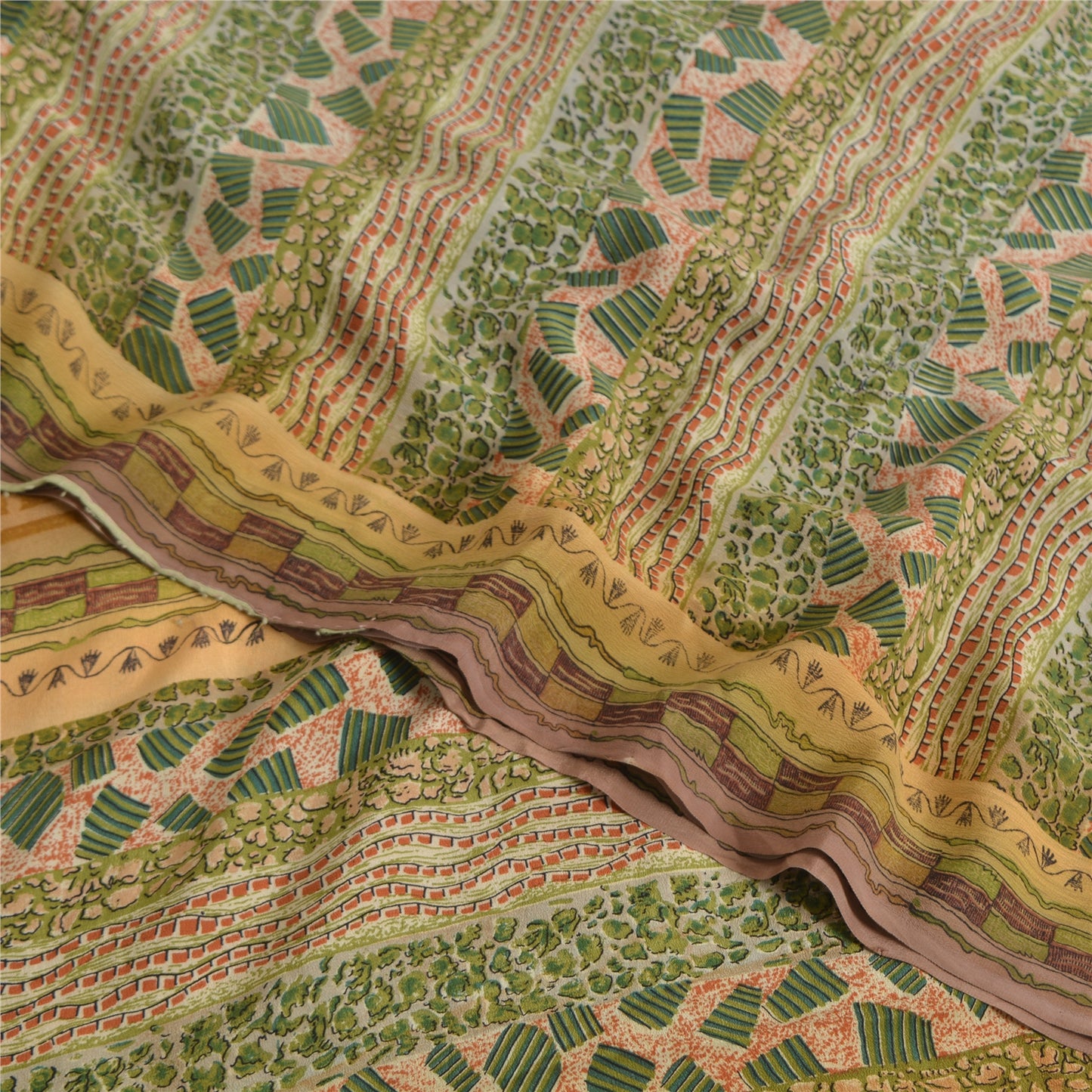 Sanskriti Vintage Sarees Green Pure Crepe Silk Printed Sari 5yd Craft Sustainable Fabric