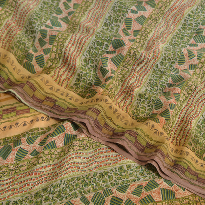 Sanskriti Vintage Sarees Green Pure Crepe Silk Printed Sari 5yd Craft Sustainable Fabric