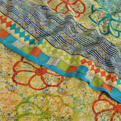 Sanskriti Vintage Sarees Multi Pure Crepe Silk Printed Sari 5yd Craft Sustainable Fabric