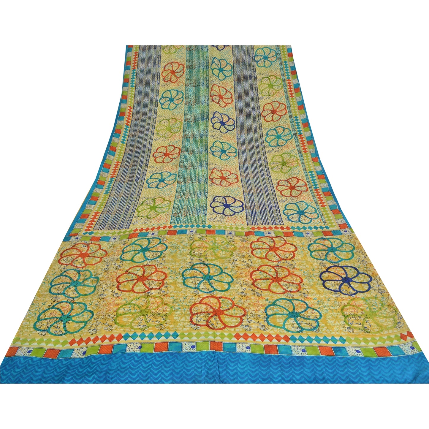 Sanskriti Vintage Sarees Multi Pure Crepe Silk Printed Sari 5yd Craft Sustainable Fabric