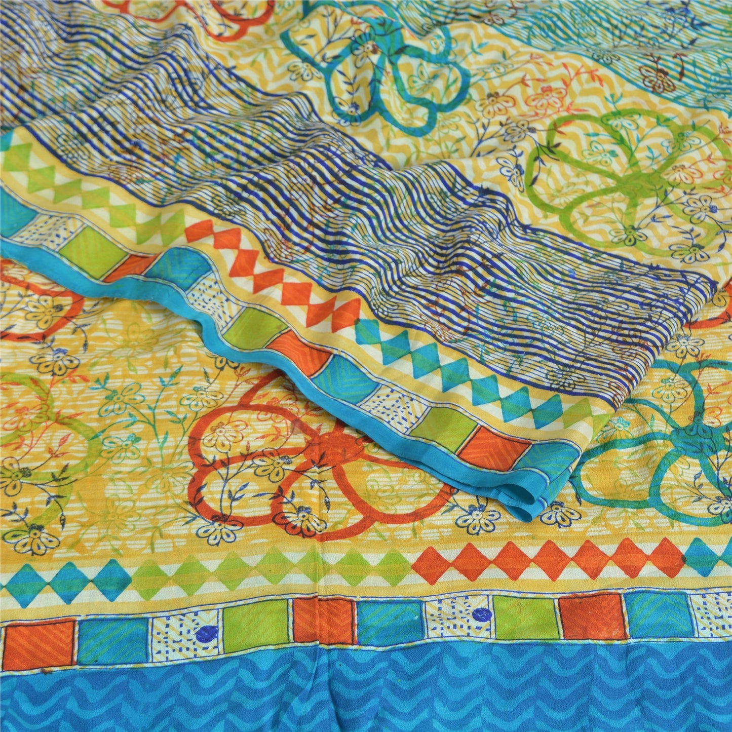 Sanskriti Vintage Sarees Multi Pure Crepe Silk Printed Sari 5yd Craft Sustainable Fabric