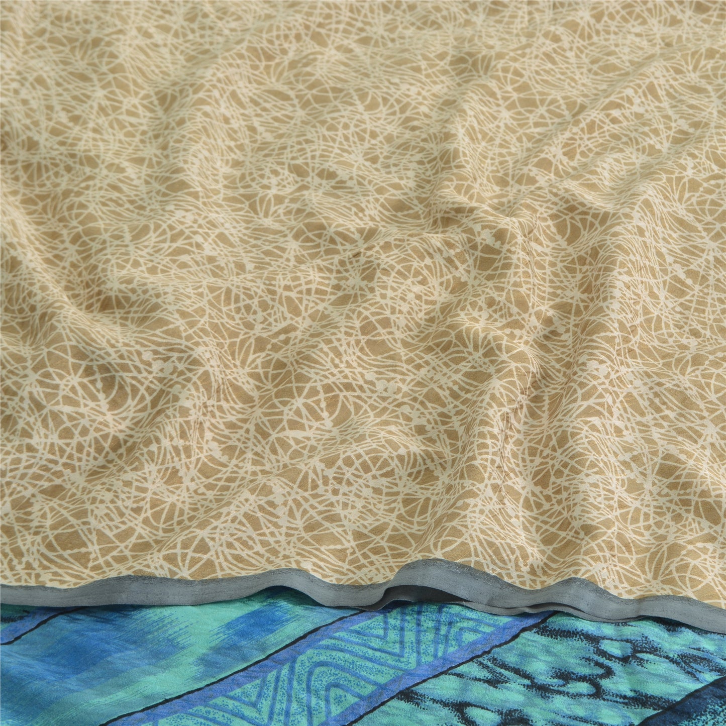 Sanskriti Vintage Sarees Blue/Cream Pure Crepe Silk Print Sari 5yd Craft Sustainable Fabric