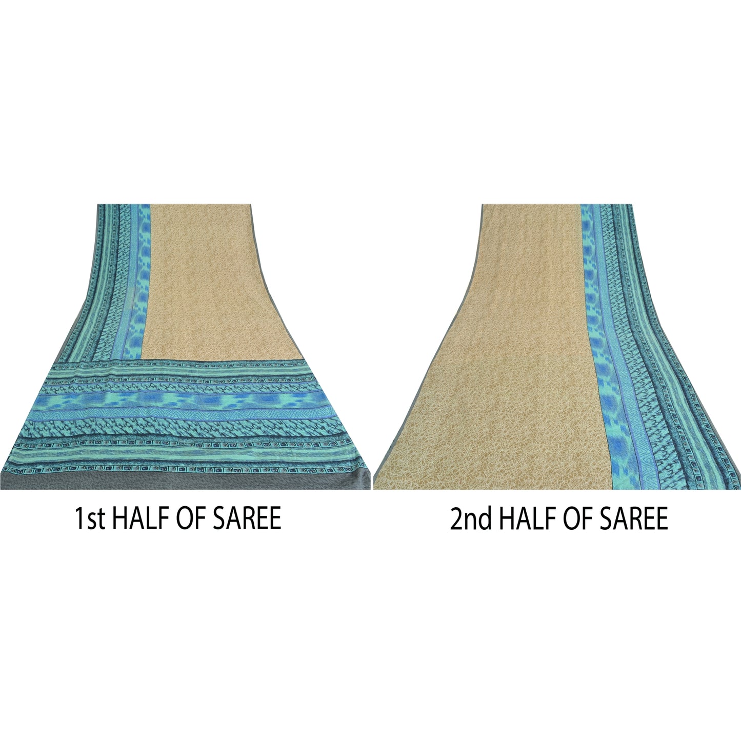 Sanskriti Vintage Sarees Blue/Cream Pure Crepe Silk Print Sari 5yd Craft Sustainable Fabric