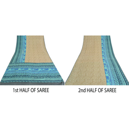 Sanskriti Vintage Sarees Blue/Cream Pure Crepe Silk Print Sari 5yd Craft Sustainable Fabric