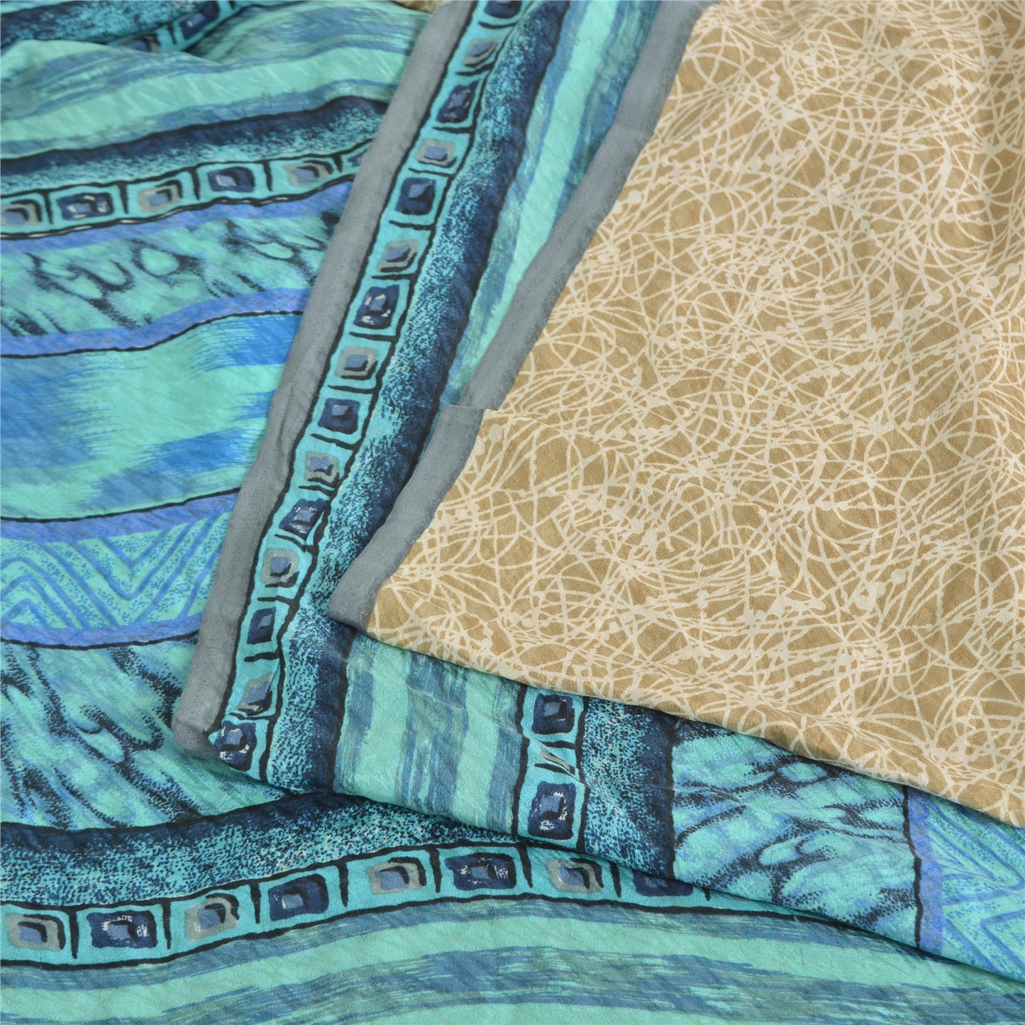 Sanskriti Vintage Sarees Blue/Cream Pure Crepe Silk Print Sari 5yd Craft Sustainable Fabric