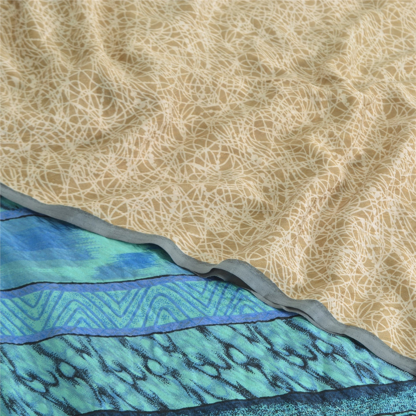 Sanskriti Vintage Sarees Blue/Cream Pure Crepe Silk Print Sari 5yd Craft Sustainable Fabric