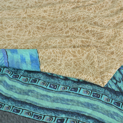 Sanskriti Vintage Sarees Blue/Cream Pure Crepe Silk Print Sari 5yd Craft Sustainable Fabric