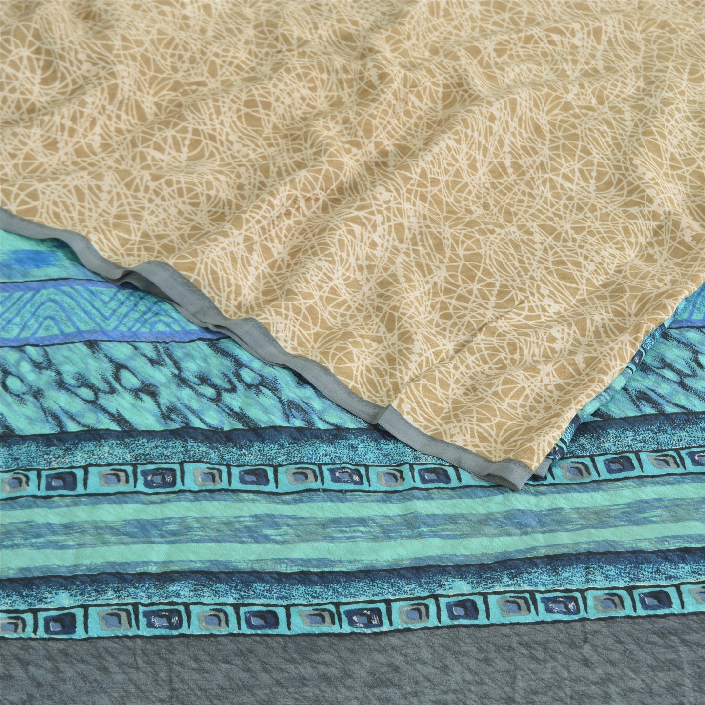 Sanskriti Vintage Sarees Blue/Cream Pure Crepe Silk Print Sari 5yd Craft Sustainable Fabric