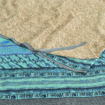 Sanskriti Vintage Sarees Blue/Cream Pure Crepe Silk Print Sari 5yd Craft Sustainable Fabric