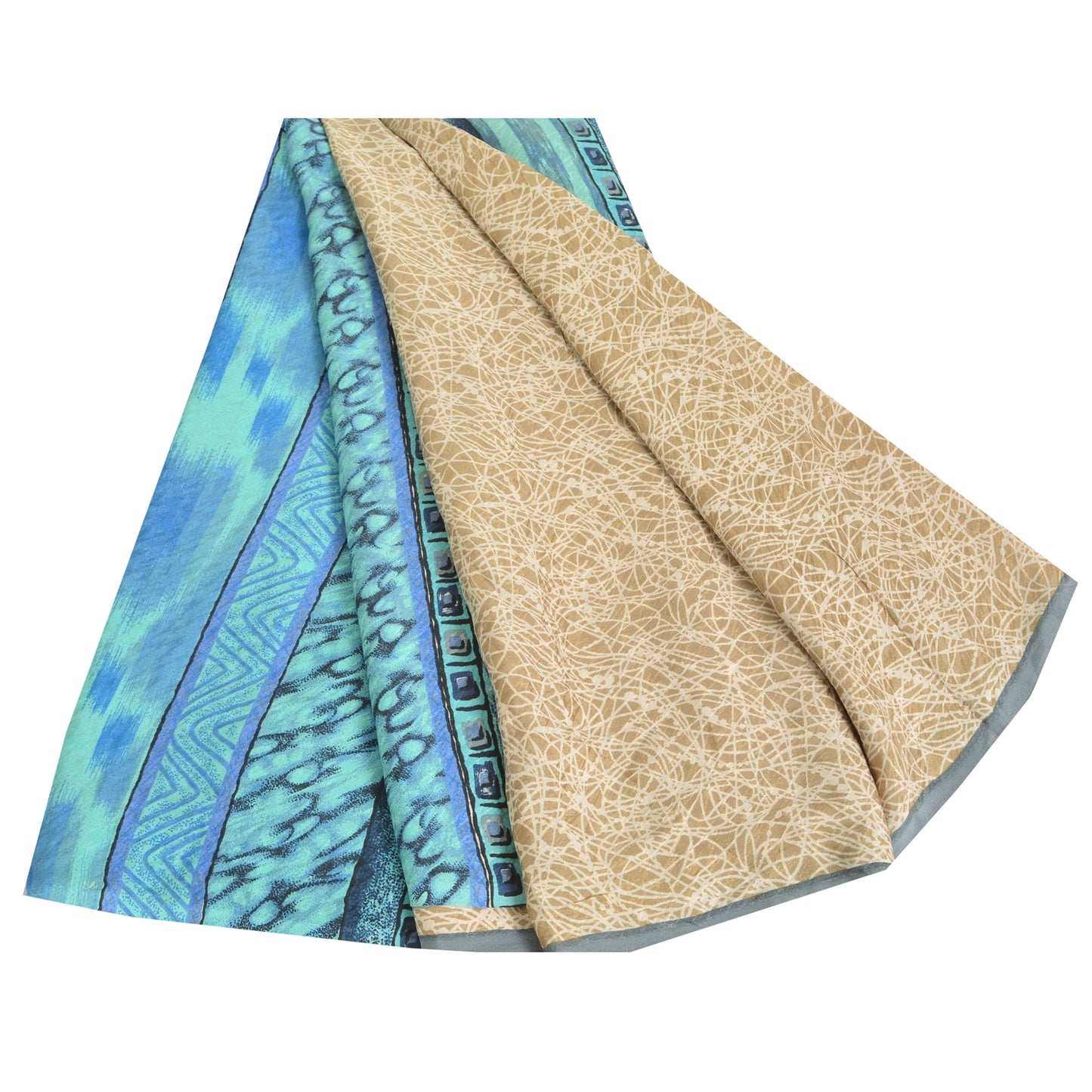 Sanskriti Vintage Sarees Blue/Cream Pure Crepe Silk Print Sari 5yd Craft Sustainable Fabric