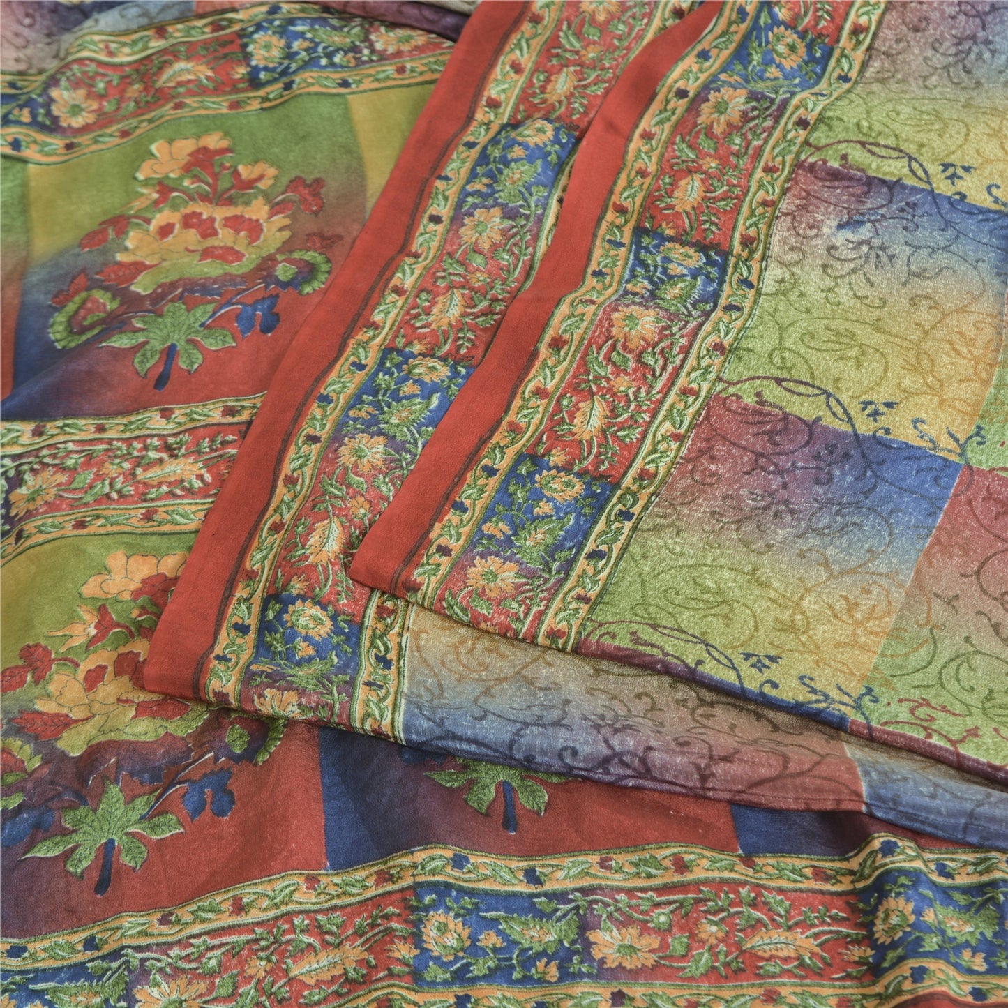 Sanskriti Vintage Sarees Multi Pure Crepe Silk Printed Sari 5yd Craft Sustainable Fabric