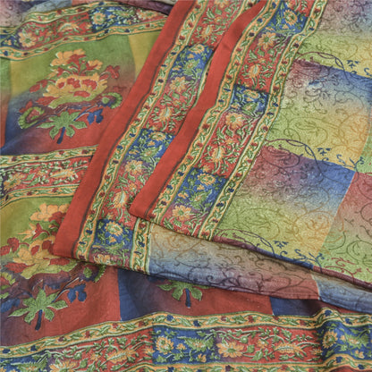 Sanskriti Vintage Sarees Multi Pure Crepe Silk Printed Sari 5yd Craft Sustainable Fabric