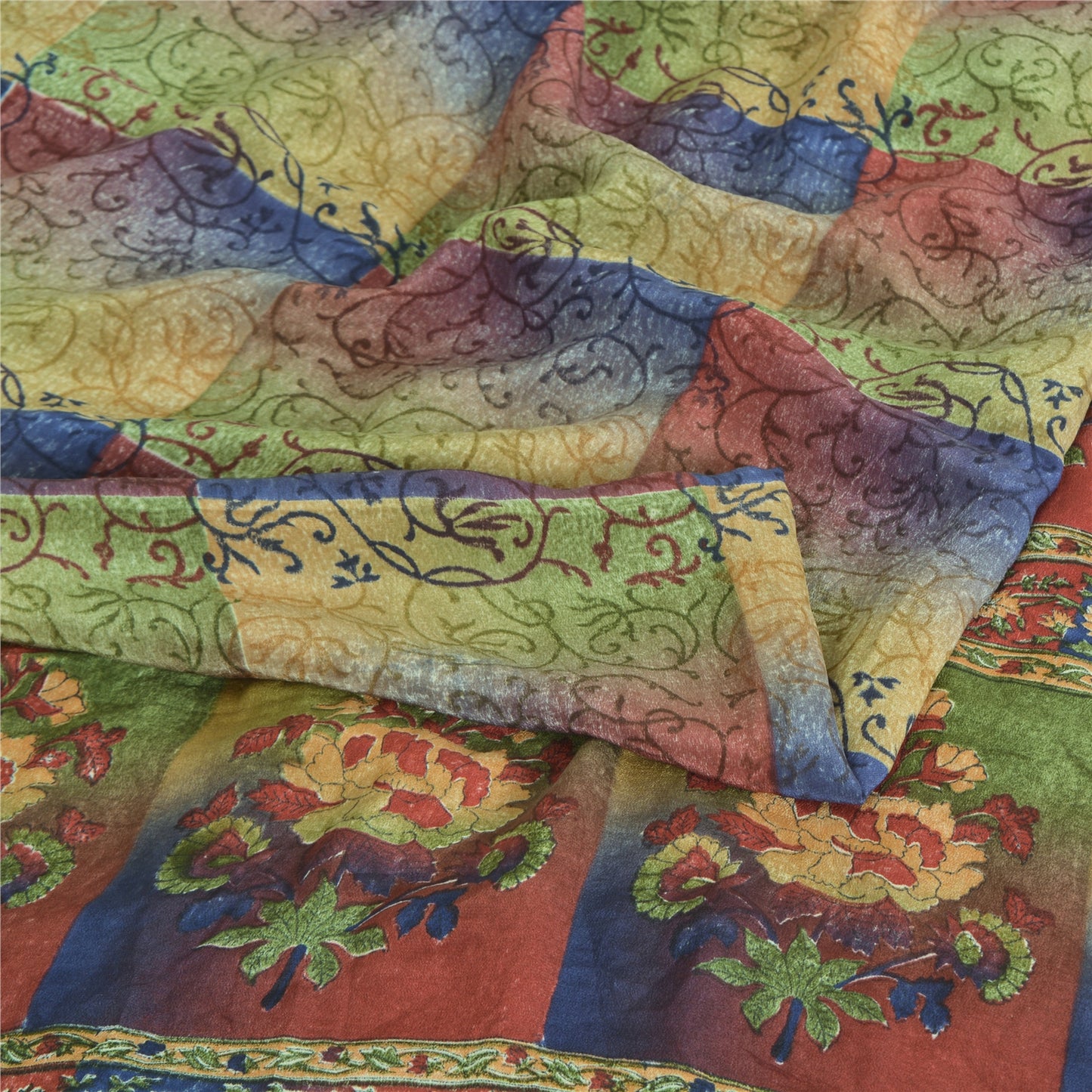 Sanskriti Vintage Sarees Multi Pure Crepe Silk Printed Sari 5yd Craft Sustainable Fabric