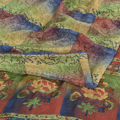 Sanskriti Vintage Sarees Multi Pure Crepe Silk Printed Sari 5yd Craft Sustainable Fabric