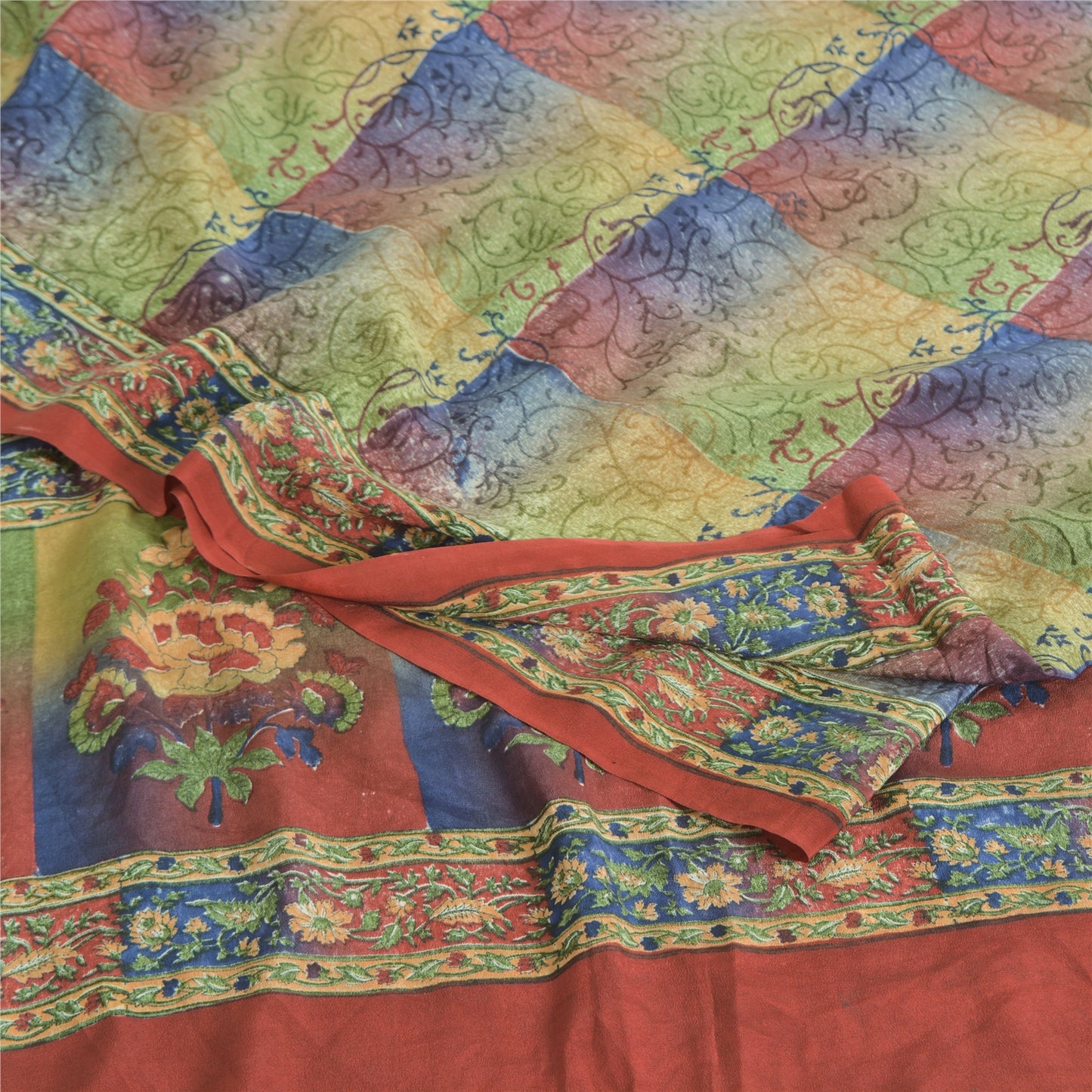 Sanskriti Vintage Sarees Multi Pure Crepe Silk Printed Sari 5yd Craft Sustainable Fabric