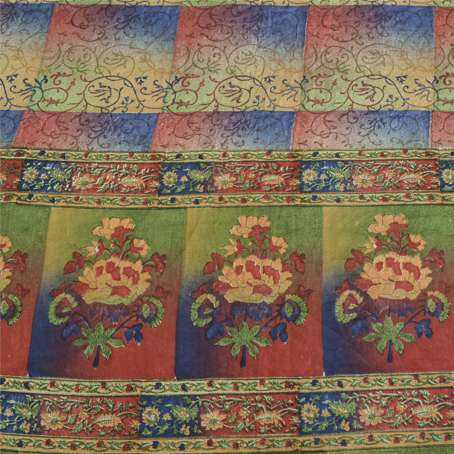 Sanskriti Vintage Sarees Multi Pure Crepe Silk Printed Sari 5yd Craft Sustainable Fabric