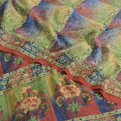 Sanskriti Vintage Sarees Multi Pure Crepe Silk Printed Sari 5yd Craft Sustainable Fabric