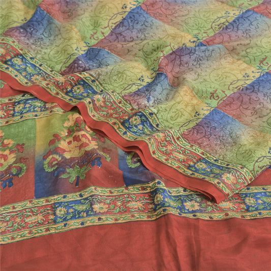 Sanskriti Vintage Sarees Multi Pure Crepe Silk Printed Sari 5yd Craft Sustainable Fabric
