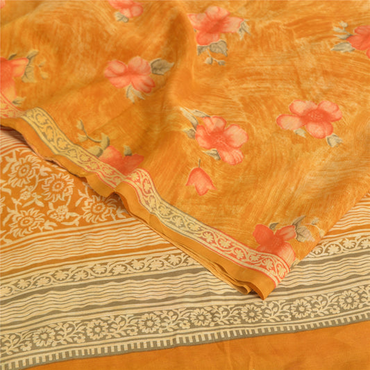 Sanskriti Vintage Sarees Yellow Pure Crepe Silk Printed Sari 5yd Craft Sustainable Fabric