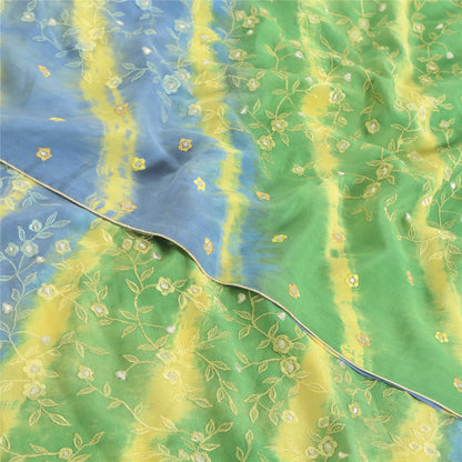 Sanskriti Vintage Sarees Green/Blue Tie-Dye Embroidered Pure Crepe Sari Sustainable Fabric