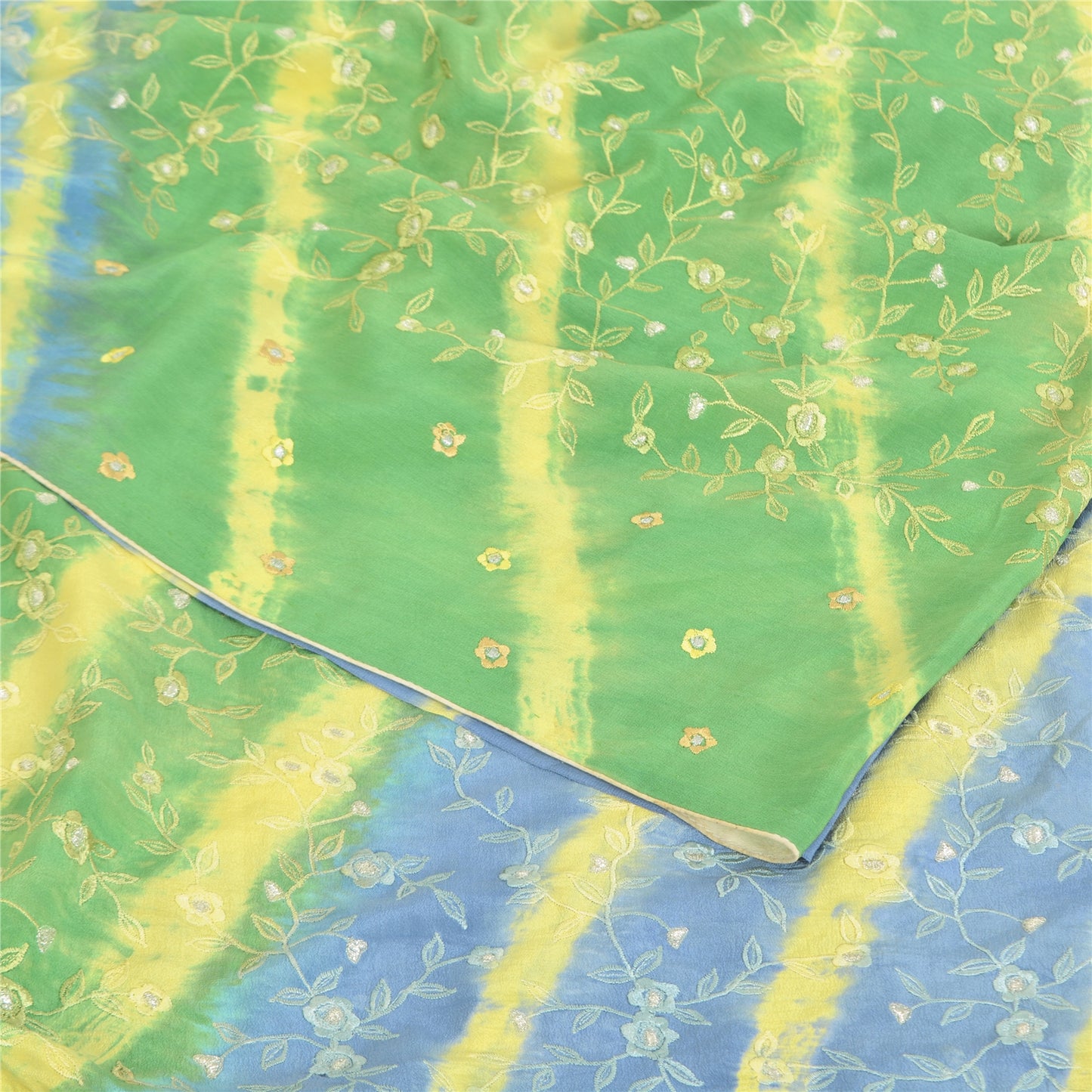 Sanskriti Vintage Sarees Green/Blue Tie-Dye Embroidered Pure Crepe Sari Sustainable Fabric