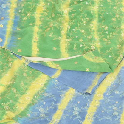 Sanskriti Vintage Sarees Green/Blue Tie-Dye Embroidered Pure Crepe Sari Sustainable Fabric