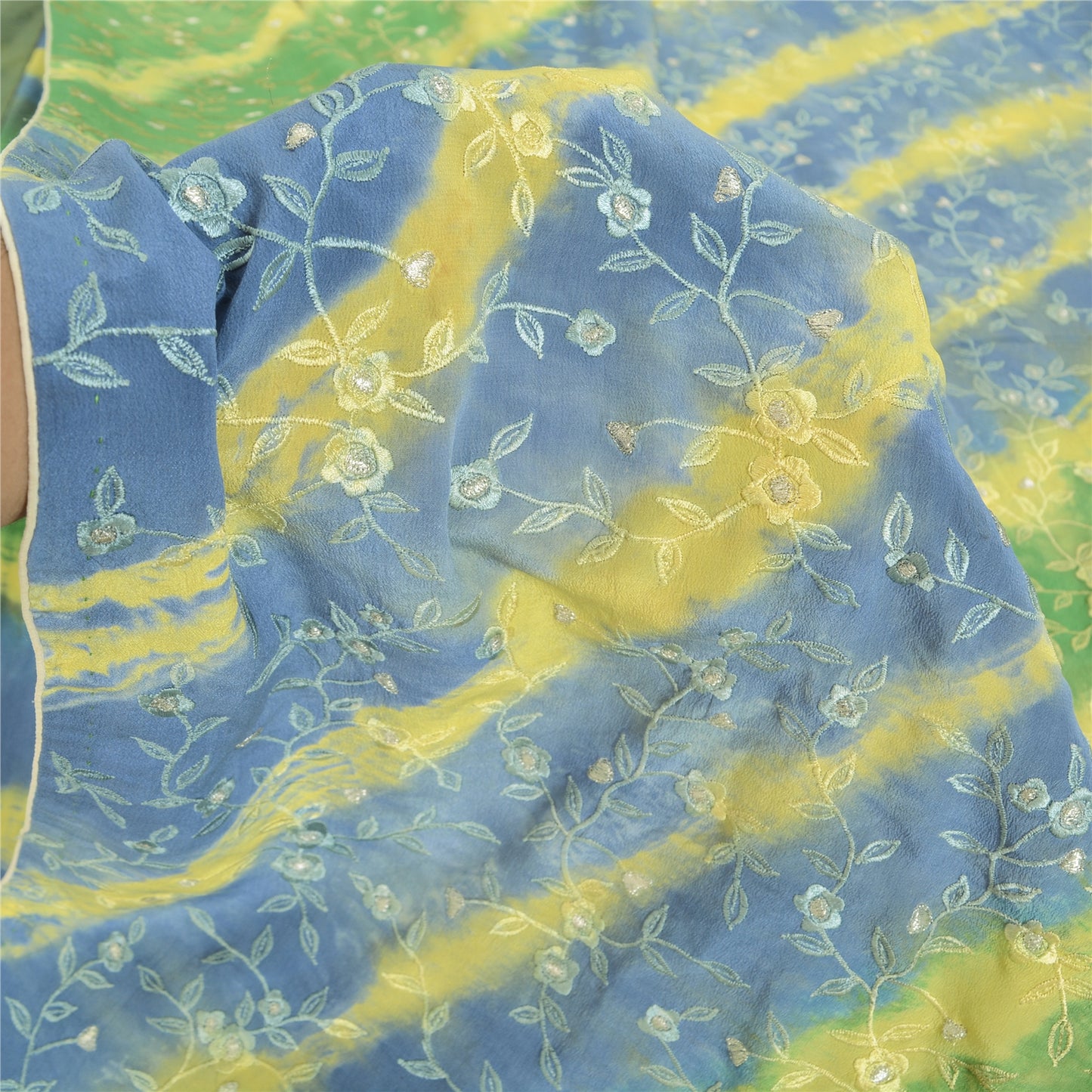 Sanskriti Vintage Sarees Green/Blue Tie-Dye Embroidered Pure Crepe Sari Sustainable Fabric