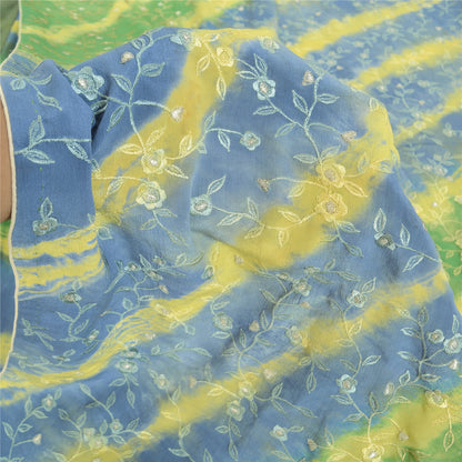 Sanskriti Vintage Sarees Green/Blue Tie-Dye Embroidered Pure Crepe Sari Sustainable Fabric