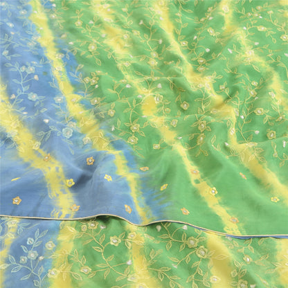 Sanskriti Vintage Sarees Green/Blue Tie-Dye Embroidered Pure Crepe Sari Sustainable Fabric
