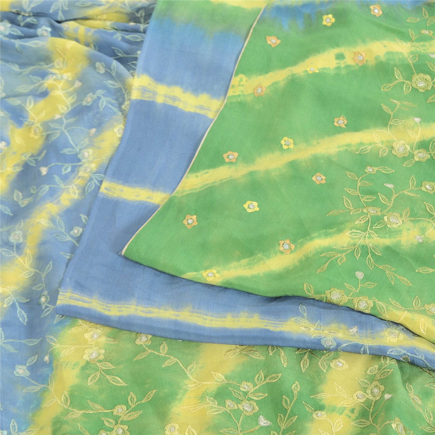 Sanskriti Vintage Sarees Green/Blue Tie-Dye Embroidered Pure Crepe Sari Sustainable Fabric