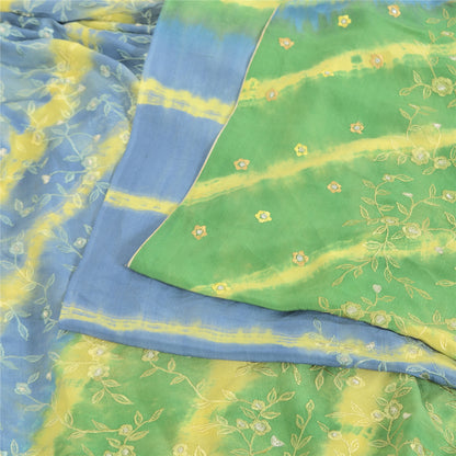 Sanskriti Vintage Sarees Green/Blue Tie-Dye Embroidered Pure Crepe Sari Sustainable Fabric