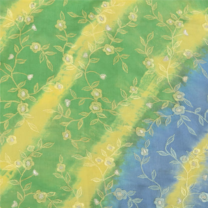 Sanskriti Vintage Sarees Green/Blue Tie-Dye Embroidered Pure Crepe Sari Sustainable Fabric