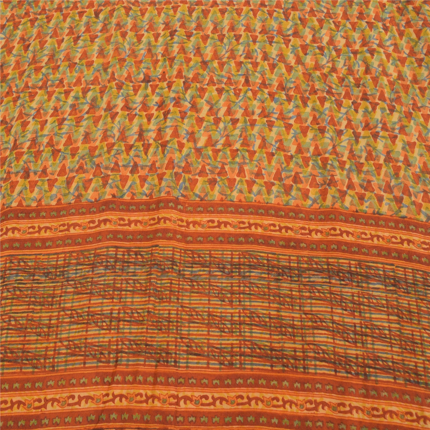 Sanskriti Vintage Sarees Orange Pure Crepe Silk Printed Sari 5yd Craft Sustainable Fabric