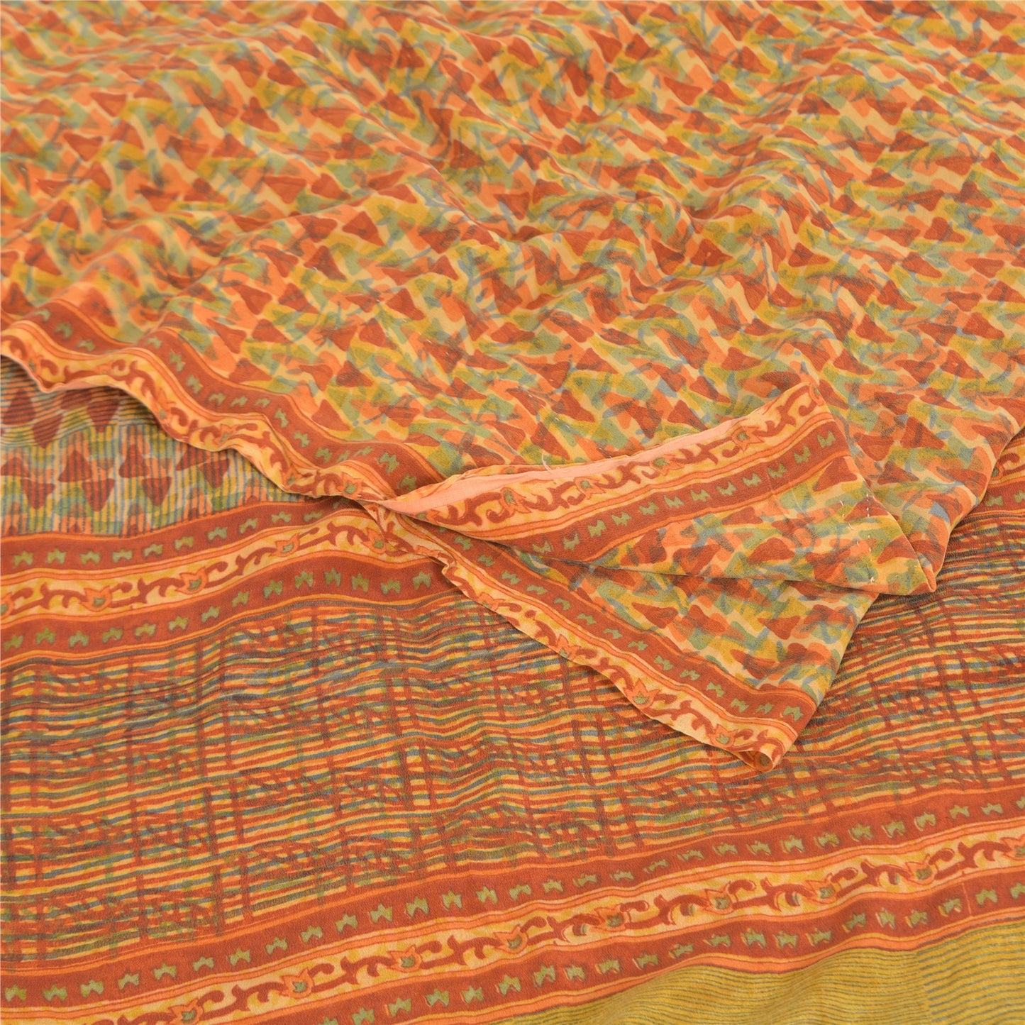 Sanskriti Vintage Sarees Orange Pure Crepe Silk Printed Sari 5yd Craft Sustainable Fabric