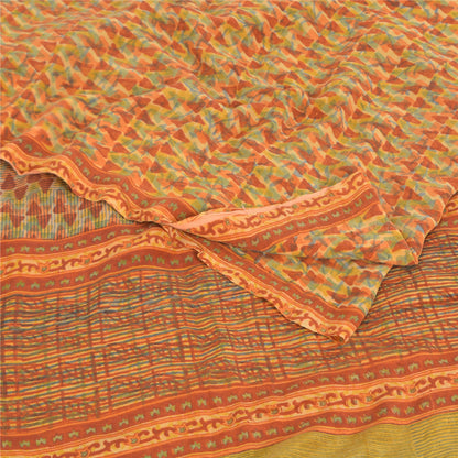 Sanskriti Vintage Sarees Orange Pure Crepe Silk Printed Sari 5yd Craft Sustainable Fabric