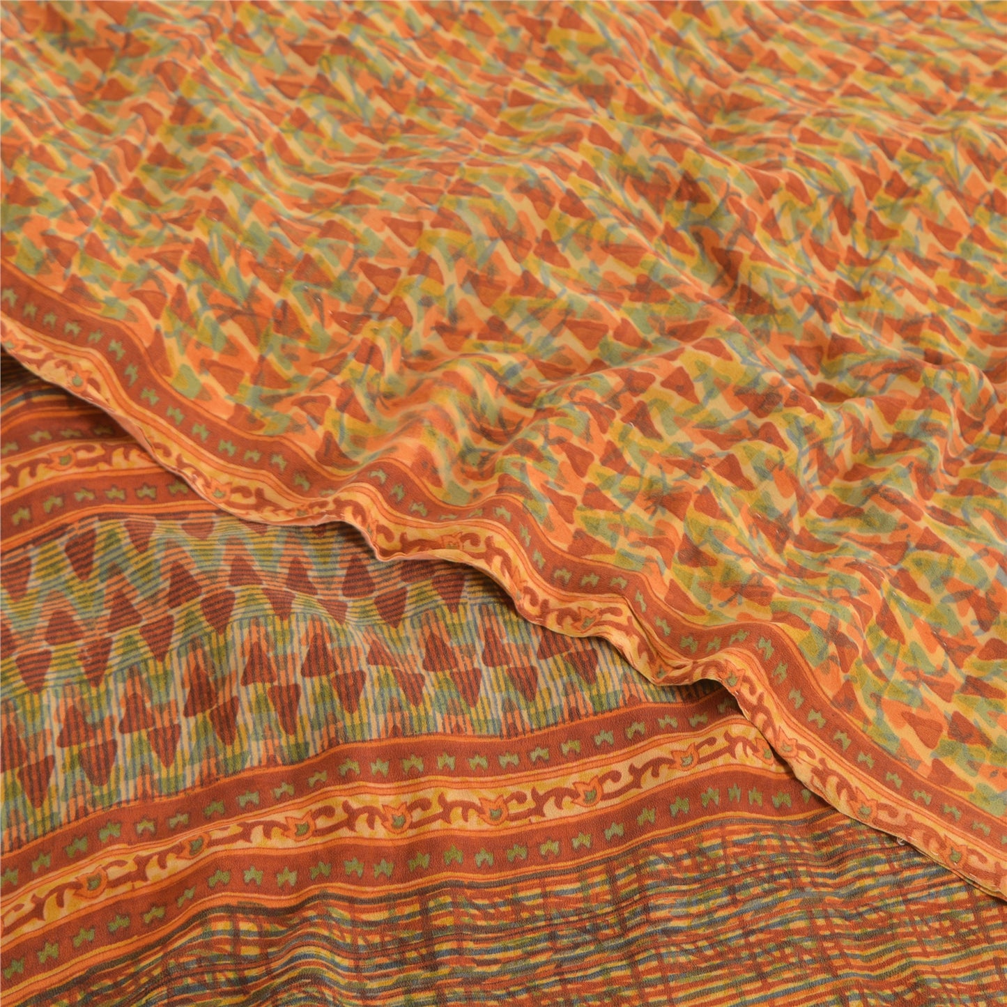 Sanskriti Vintage Sarees Orange Pure Crepe Silk Printed Sari 5yd Craft Sustainable Fabric