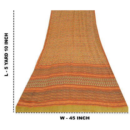 Sanskriti Vintage Sarees Orange Pure Crepe Silk Printed Sari 5yd Craft Sustainable Fabric