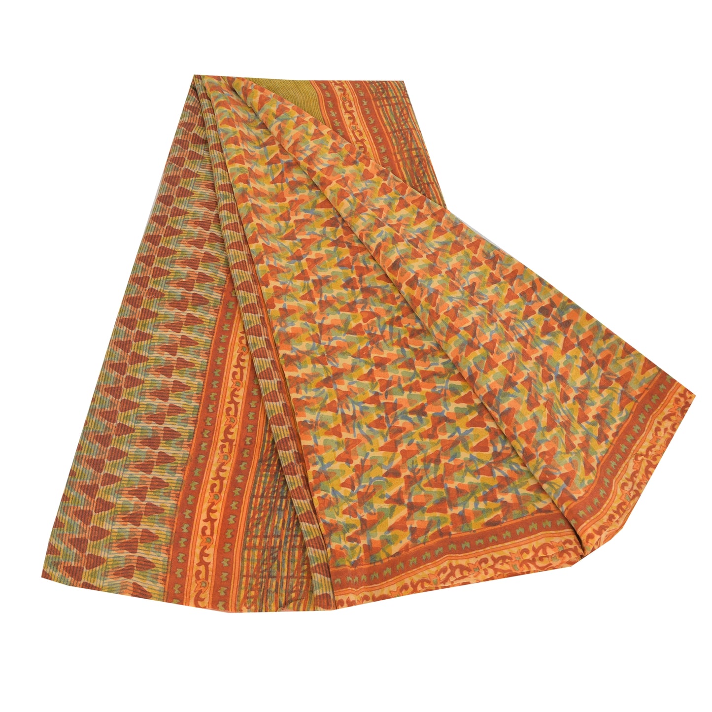 Sanskriti Vintage Sarees Orange Pure Crepe Silk Printed Sari 5yd Craft Sustainable Fabric