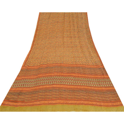 Sanskriti Vintage Sarees Orange Pure Crepe Silk Printed Sari 5yd Craft Sustainable Fabric