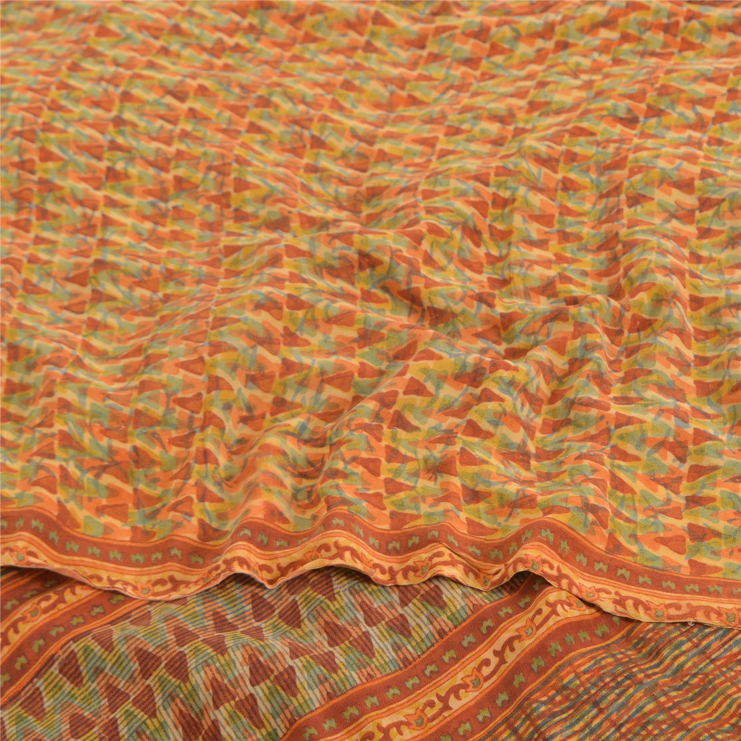 Sanskriti Vintage Sarees Orange Pure Crepe Silk Printed Sari 5yd Craft Sustainable Fabric