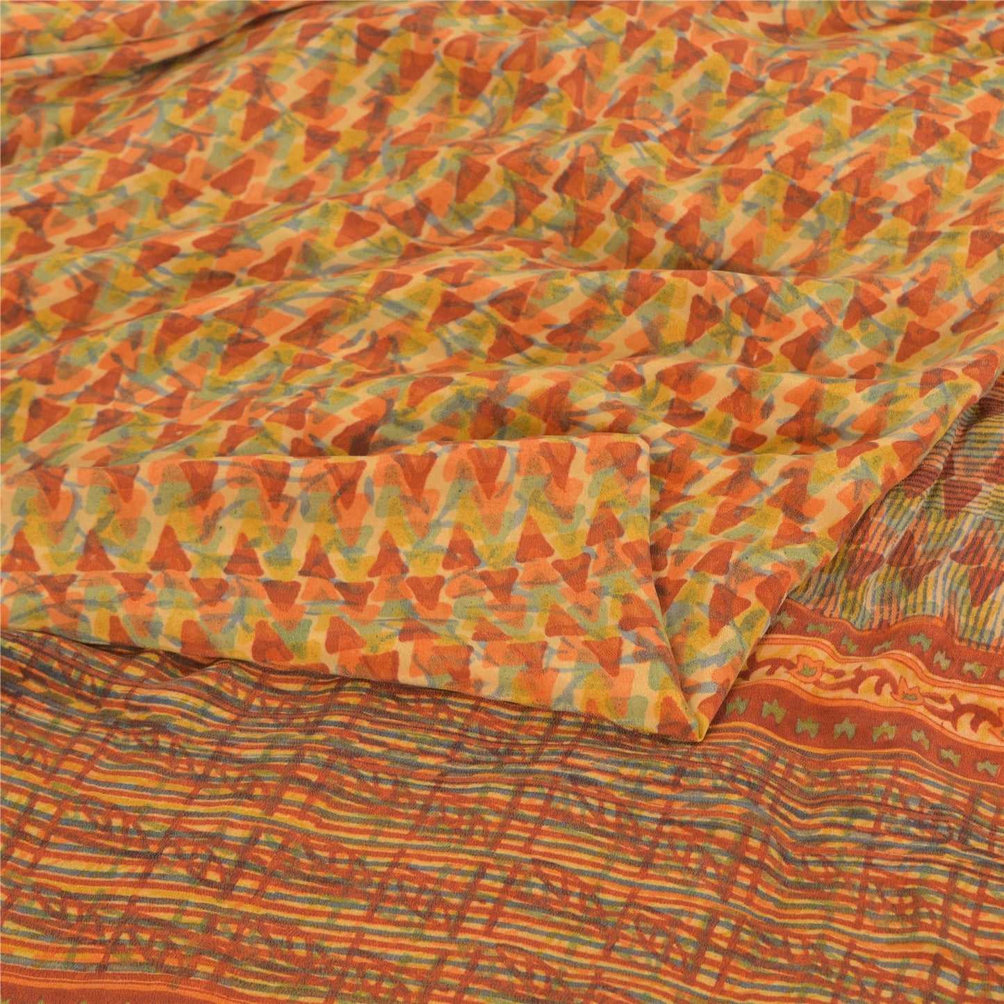 Sanskriti Vintage Sarees Orange Pure Crepe Silk Printed Sari 5yd Craft Sustainable Fabric