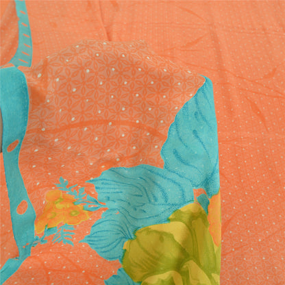 Sanskriti Vintage Sarees Orange Pure Crepe Silk Printed Sari 5yd Craft Sustainable Fabric